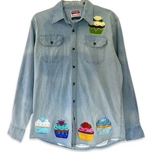 Upcycled Wrangler denim button down shirt embroidered patches Cupcake